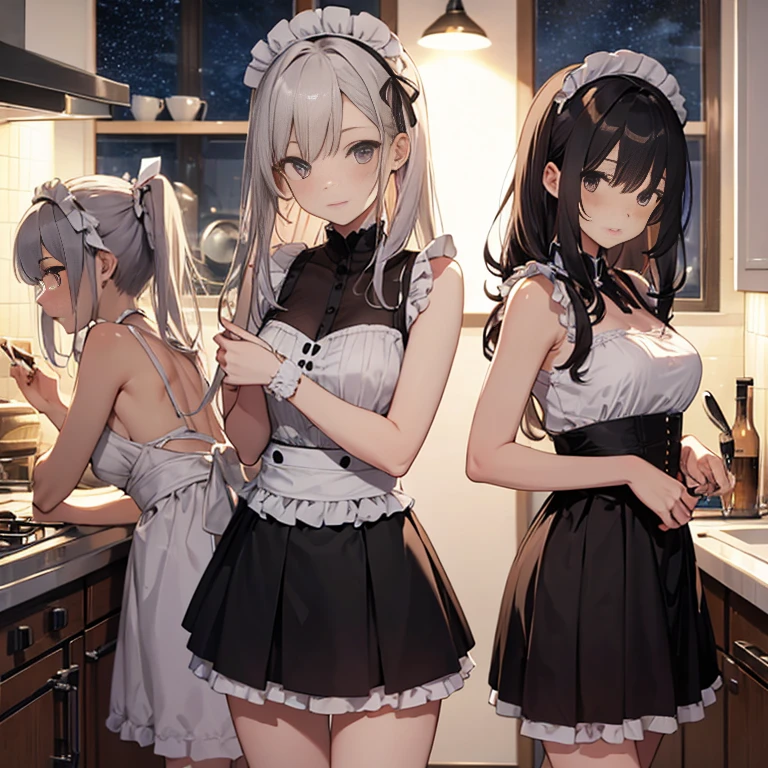 A group of maids, (in kitchen), various hair styles, harem, wearing maid clothes, night, details face, short skirt, seducing, sleeveless, armpits