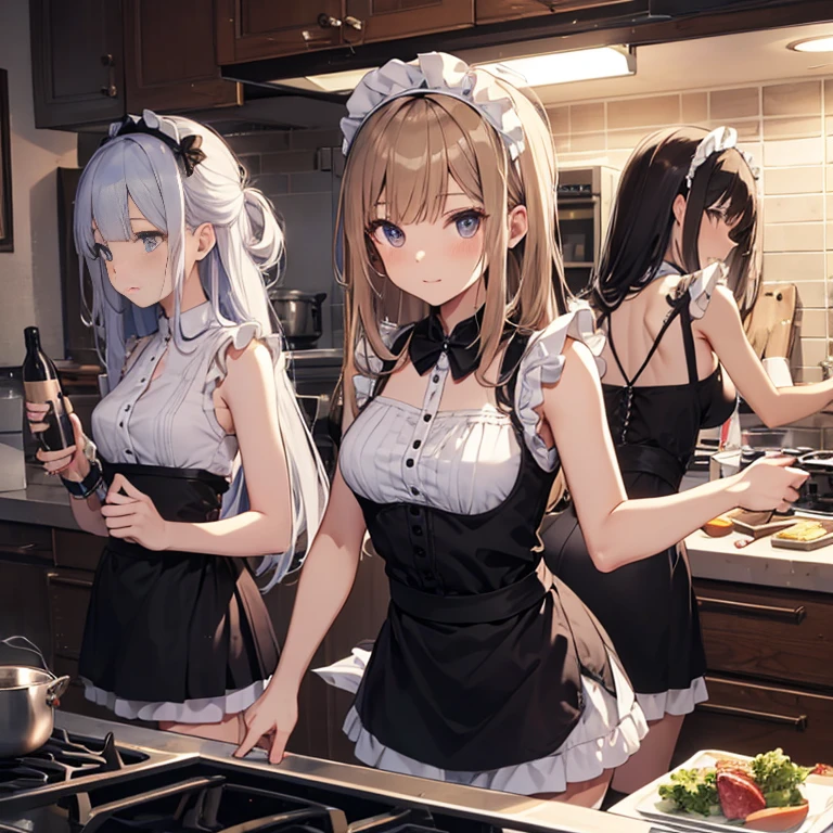 A group of maids, (in kitchen), various hair styles, harem, wearing maid clothes, night, details face, short skirt, seducing, sleeveless, armpits