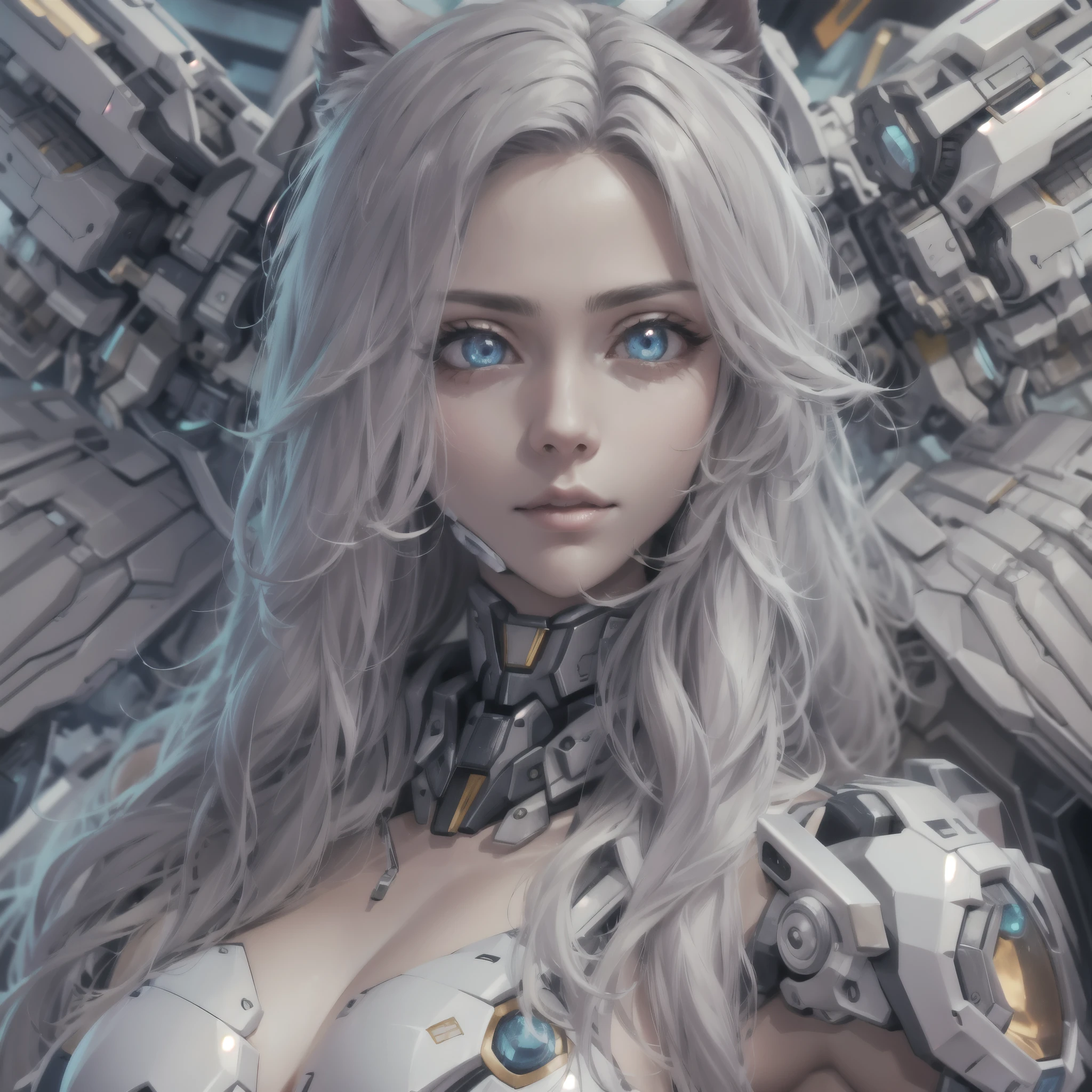 (best quality,4k,8k,highres,masterpiece:1.2, portrait), ultra-detailed, realistic, Mecha Angel cat-girl, big blue eyes, expressive eyes, huge breasts, gigantic tits, cat ears, mechanical angel wings, long hair, silver hair, imposing, gorgeous, sexy, robotic angel, superhero pose, daring pose, striking pose