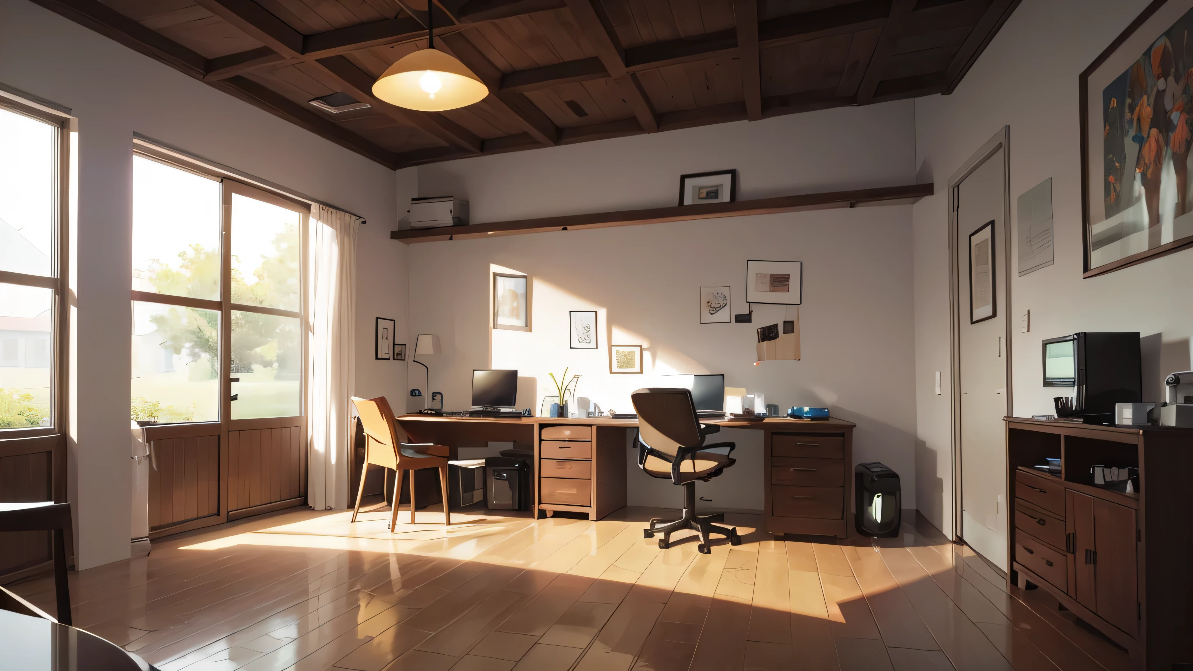 Stylish room In the workspace A white cat stands