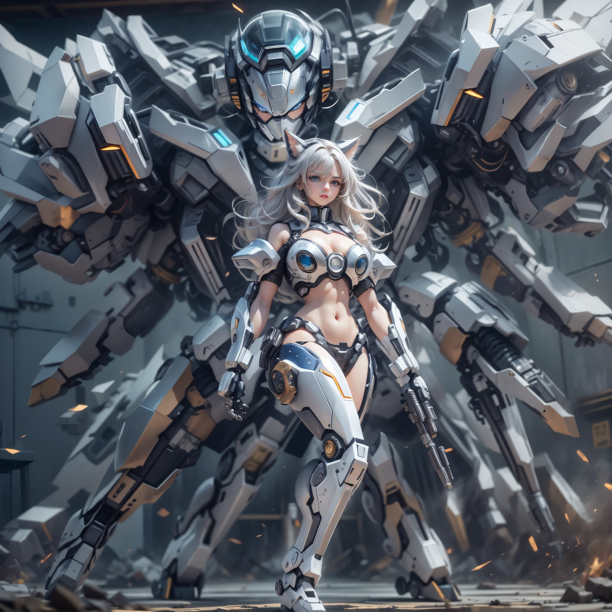 (best quality,4k,8k,highres,masterpiece:1.2, portrait), ultra-detailed, realistic, Mecha Angel cat-girl, big blue eyes, expressive eyes, huge breasts, gigantic tits, cat ears, mechanical angel wings, long hair, silver hair, imposing, gorgeous, sexy, robotic angel, superhero pose, daring pose, striking pose