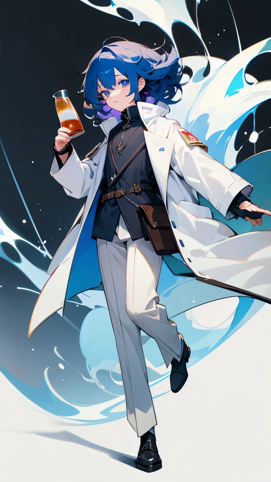 Alchemist,Age unknown,Unknown gender,Milk tea colored permed hair,dark blue eyes,Light clothing with a white coat-like jacket,have a flask