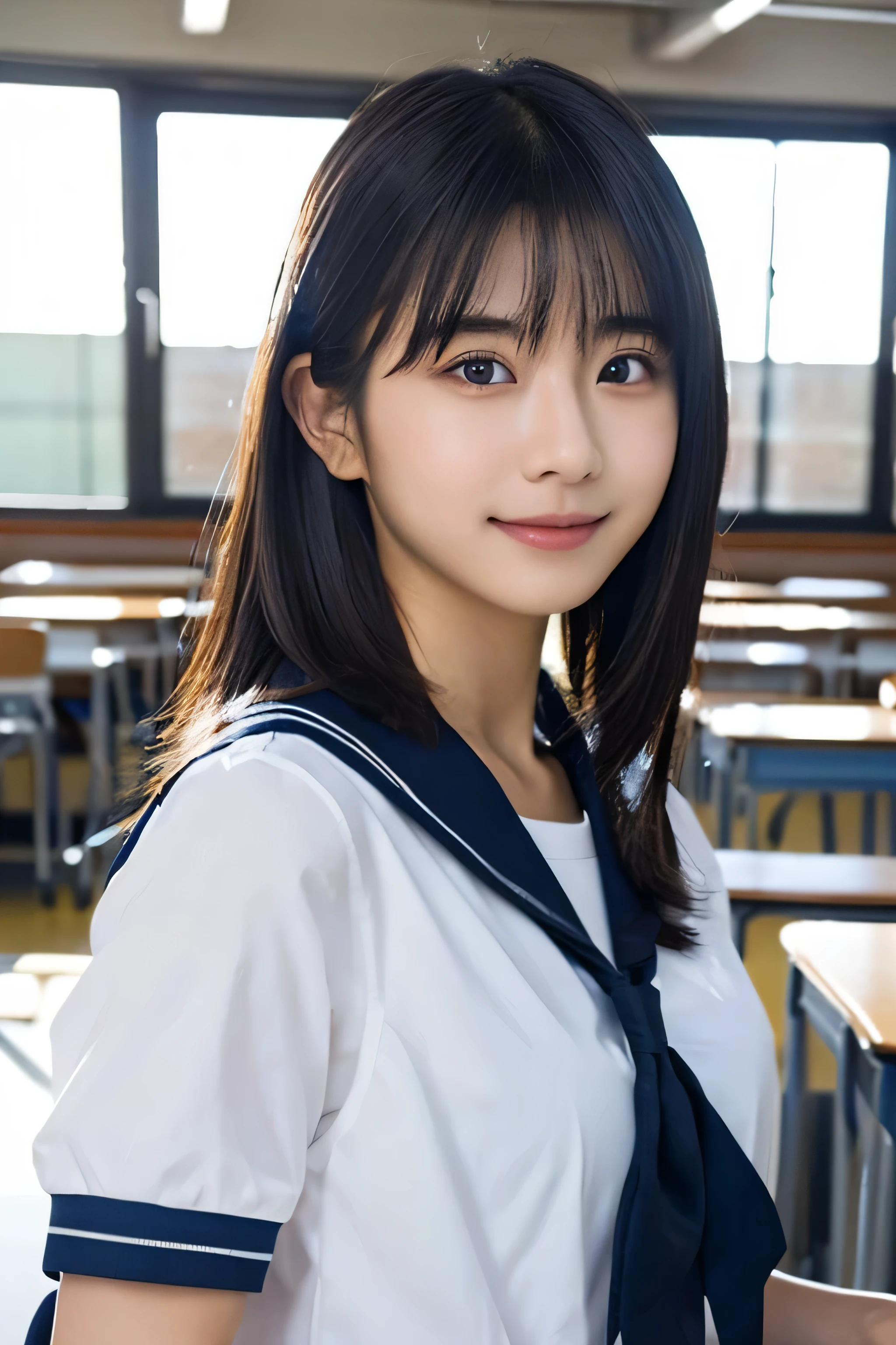 Japanese high school、1 girl, (Wearing a cute sailor uniform:1.2), She is also a very beautiful Japanese idol.、((snapshot、looking at the camera、hair blowing in the wind、In the school classroom:1.2))
(Raw photo, highest quality), (realistic, Photoreal:1.4), (masterpiece),
very delicate and beautiful, very detailed, 2k wallpaper, wonderful, finely, very detailed CG Unity 8k wallpaper, Super detailed, High resolution, soft light,
beautiful detailed girl, very detailed目と顔, beautifully detailed nose, finely beautiful eyes, cinematic lighting,
(Simple background in bright colors:1.3),
(short hair), (parted bangs),
complete anatomy, slender body, Normal firm breasts, smile