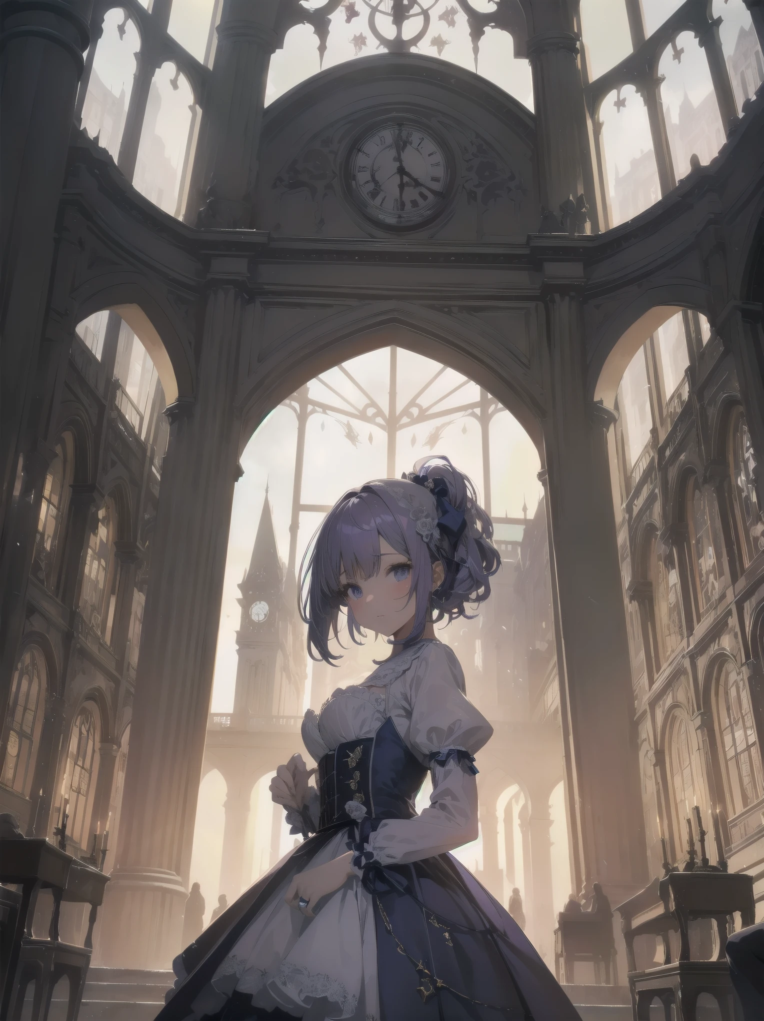 bride: wedding ring shining on ring finger Fusion of medieval European fashion Emphasis on elements of cuteness and adoration Posed illustration of the overwhelming cuteness of the character in the foreground Overwhelming architectural and cityscape background Ultra-detailed, rich, contemporary interpretation of medieval Europe and fantasy world Realistic textures, Professional artistic shading and light sources, scene-like cinematography and effects, depth of subject One beautiful girl, super cute, bob cut, side ponytail, perfect anatomy
Colours: pastel, white, pale purple, blue, gingham check
Materials: chiffon, lace, satin, velvet, etc. Silhouette: fluffy skirt, A-line, long length
Decoration: frills, ribbons, lace, pearls, embroidery etc. Coordinates Romantic princess: pastel dress, lace blouse, fluffy skirt, ribbon hair accessory, black tights Add accessories and accessories to personalise.