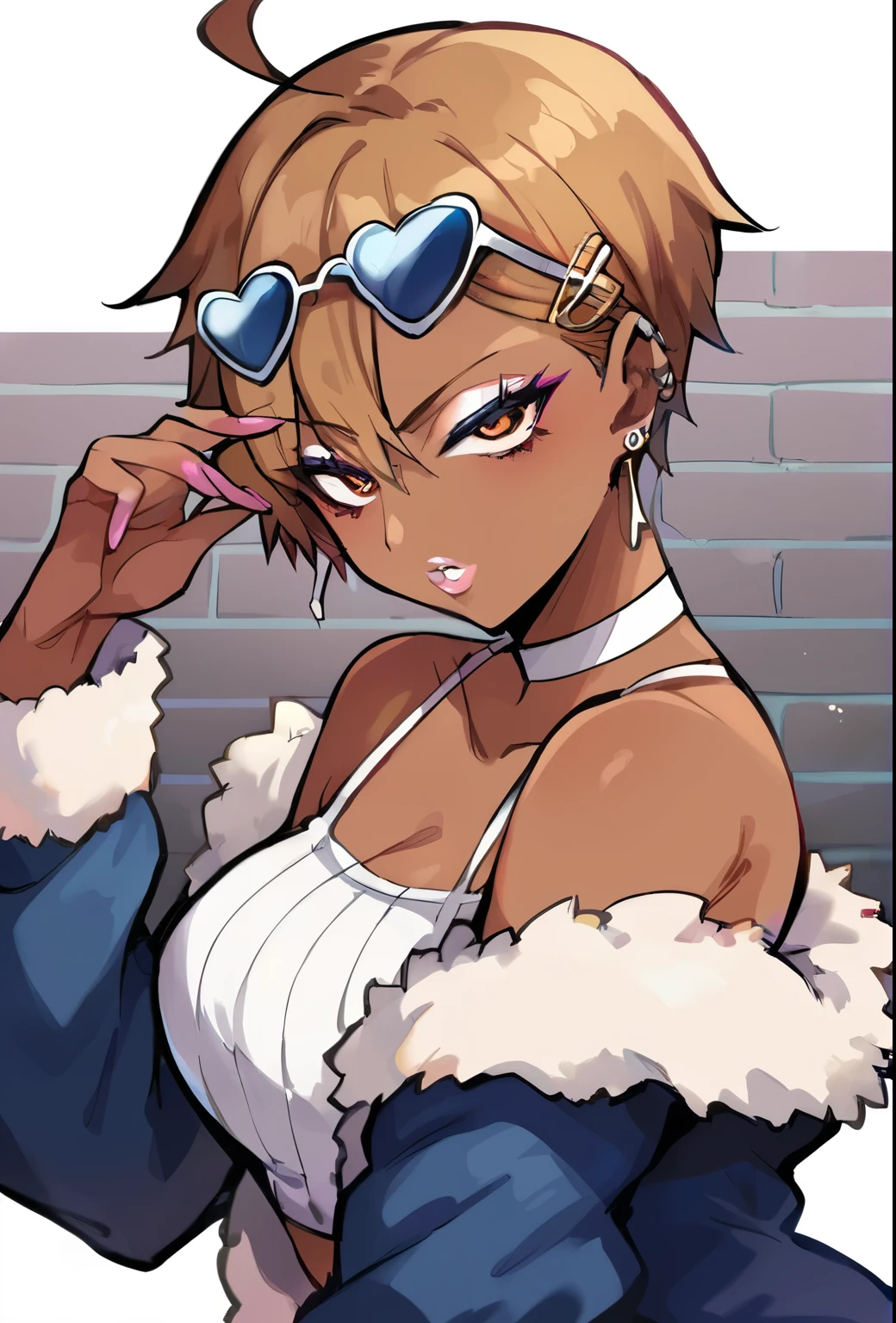 Score_9, score_8_up, score_7_up, score_6_up,  gyaru, source_anime, 1girl, solo, white background,  brick wall backdrop, upper body, looking at viewer, BREAK, earrings, BREAK, thin pink lips, tanned skin, pink makeup,  ribbed sweater, fur trim, bare shoulders, off shoulder, white choker, hairclip, midriffchan, tomboy, midriff, thighhighs, (dark skin), choker, (blue jacket), sunglasses on forehead, ahoge, piercings, toned, (short brown hair)