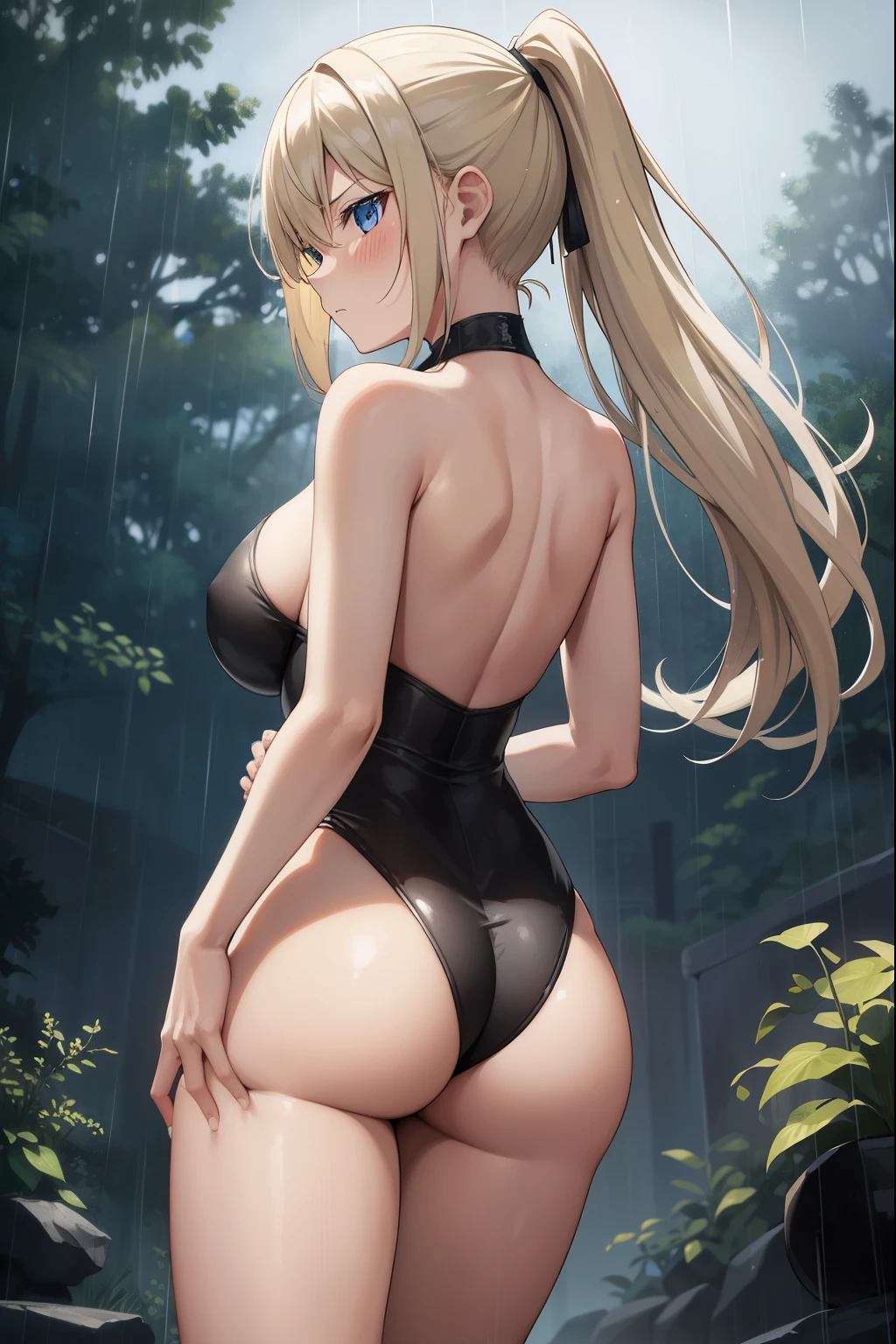 forest,night,rain,soil,1 girl,blonde,ponytail,blue eyes,black leotard,Super High Leg Cut,serious face,big breasts,blush,dark face,rainに濡れている女の子,big breasts,walk,dark face,bare hands,show your butt to the viewer,stick out your butt,back view,