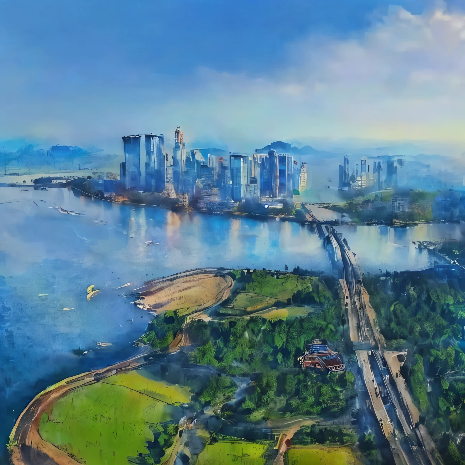 Ink style paintings，brush strokes，Ink rendering tone，arafed 看法 of a City with a bridge and a river, Hainan, nice images, hou china, Wide-angle lens, Wide-angle lens, summer, City, Ink painting style,  Passing ships，Hainan贸易港口，