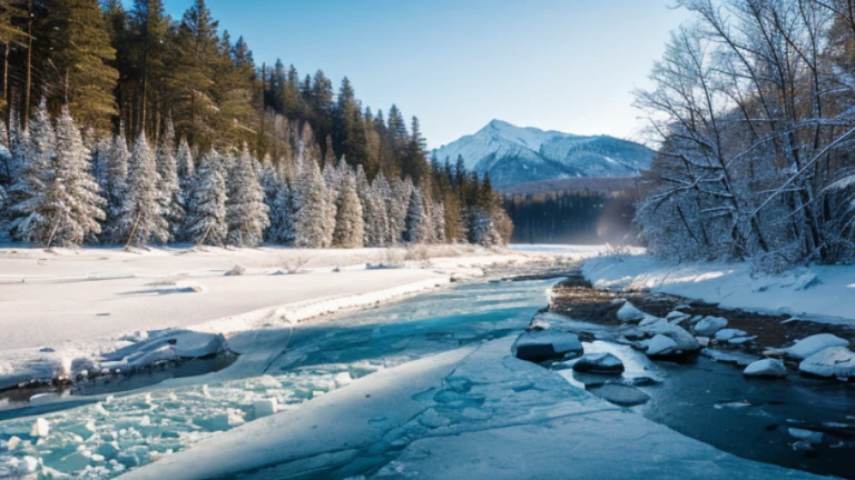 mountin river ice winter