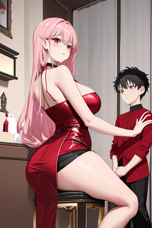a anime of a woman wearing red dress is standing next to a , Succubus in tight skirt, touch her clothes, wearing red dress, (SFW) Work, revealing clothes, sexy red dress, revealing clothing, wearing red dress, Dominant posture, her hands on her waist,female giant,Thick legs