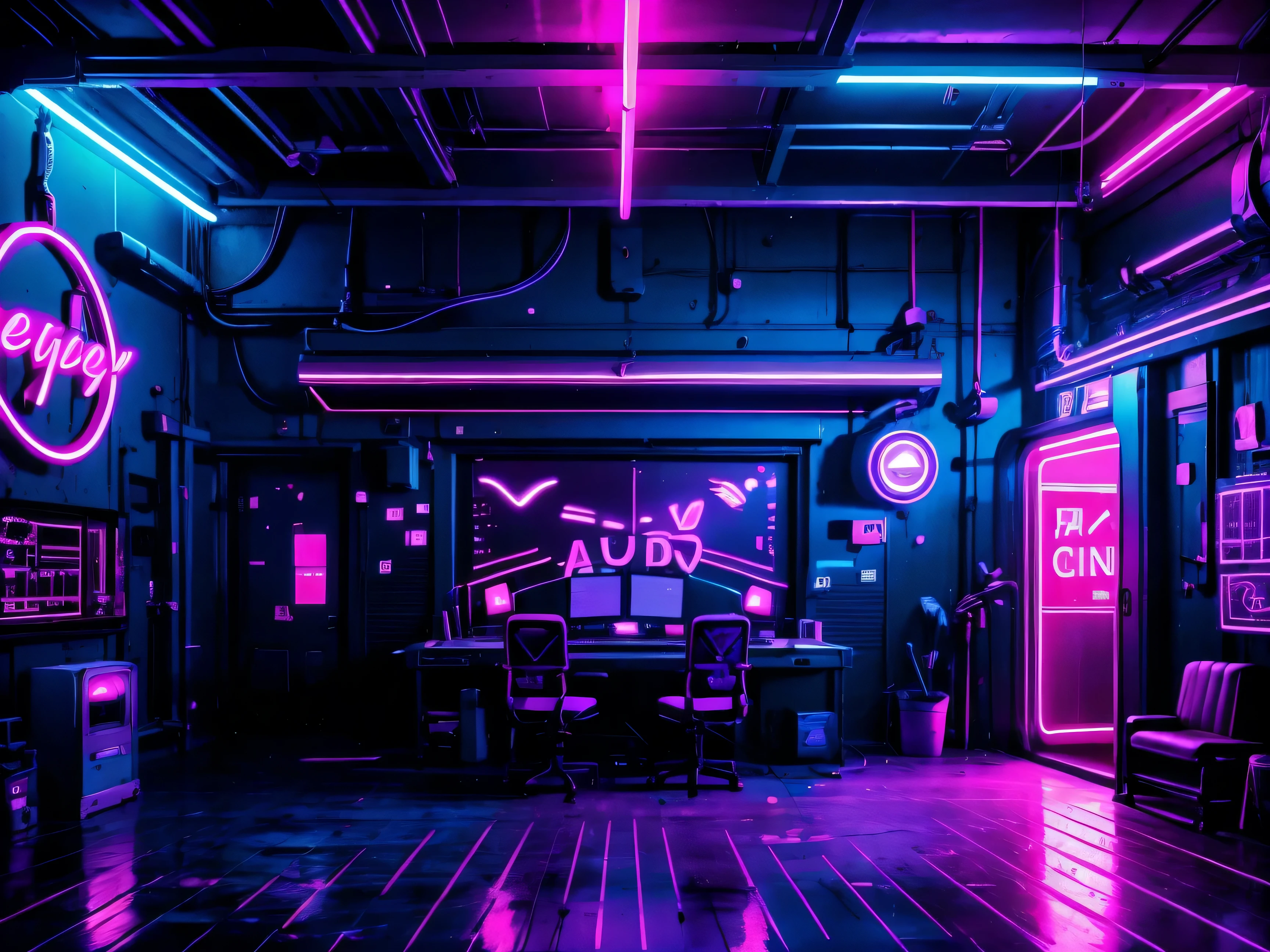 night, Music Studio, radio,neon, graphite, interior, picture, there are no humans, Super realistic, background, Deep lighting, bright neon lights, purple, bright neon lights, atmosphere, neon