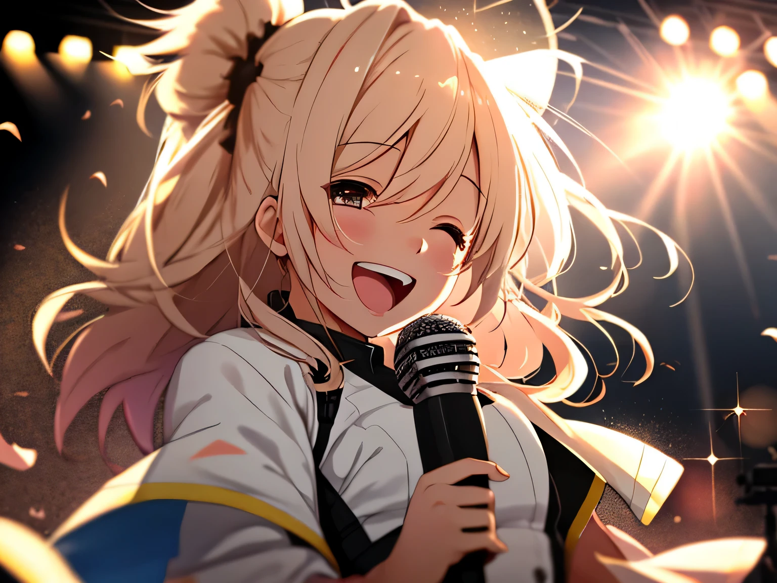 girl, stage costume, Upper body, (great laugh:1.1), (open your mouth:1.1), (wide open eyes:1.2),have a microphone, glare of the sun, Bokeh, Depth of the bounds written, blurred background, particles of light, strong wind, (heart particles:1.1)