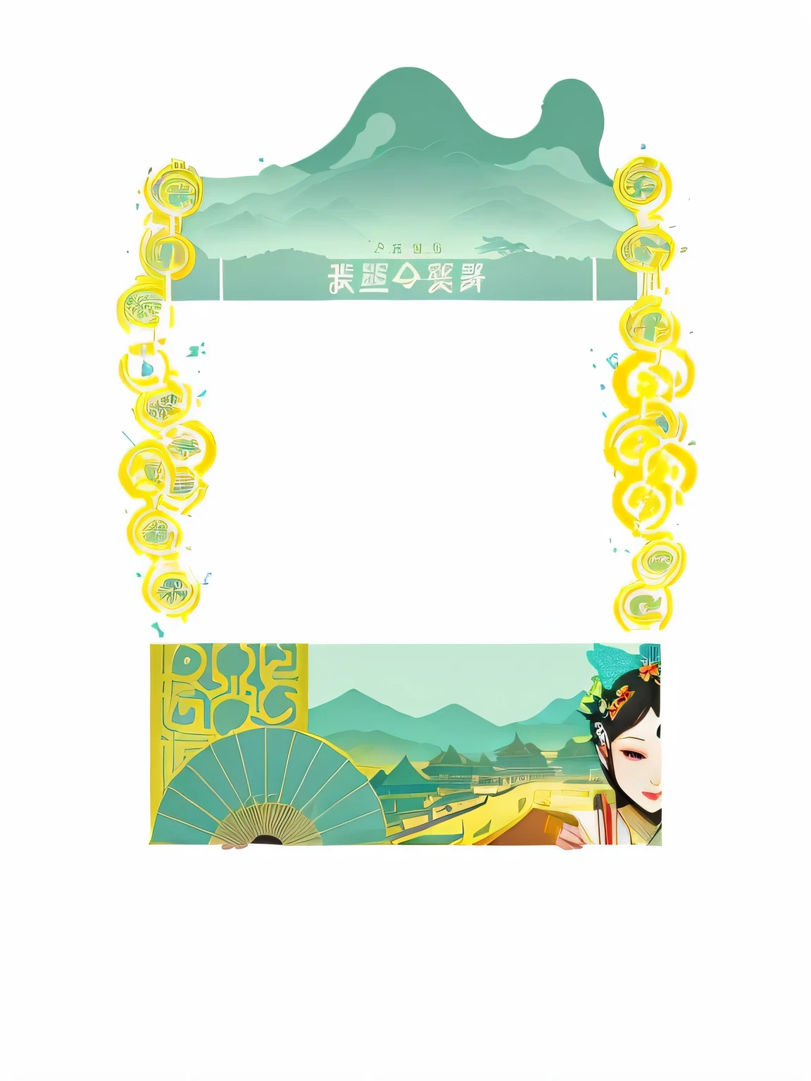 there is photo of photo of a woman with a fan, background(hard), Hungry Ghost Festival, Card rack, Card templates, art cover, Detailed Landscape—Width 672, temple background, Make it with an illustrator, on simple background, poster ; summer, poster background, layout frame, Internal stylized border, photo, scenic background