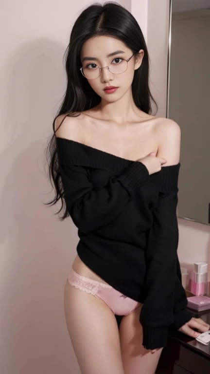 top Quority，Ultra-clear resolution,   beauty,  hidden face,    (Cute girl. 's old) dy.  Slim.   Thin.   Captivating,    ((long black hair)),    ((micro panties)),   ((micro panties)),   ((sweater. Bare shoulder)),   pose.  Unyuk Unyuk.   in front of the make-up mirror,     _Make-up face.  Pink lipstick,   (Wearing glasses)