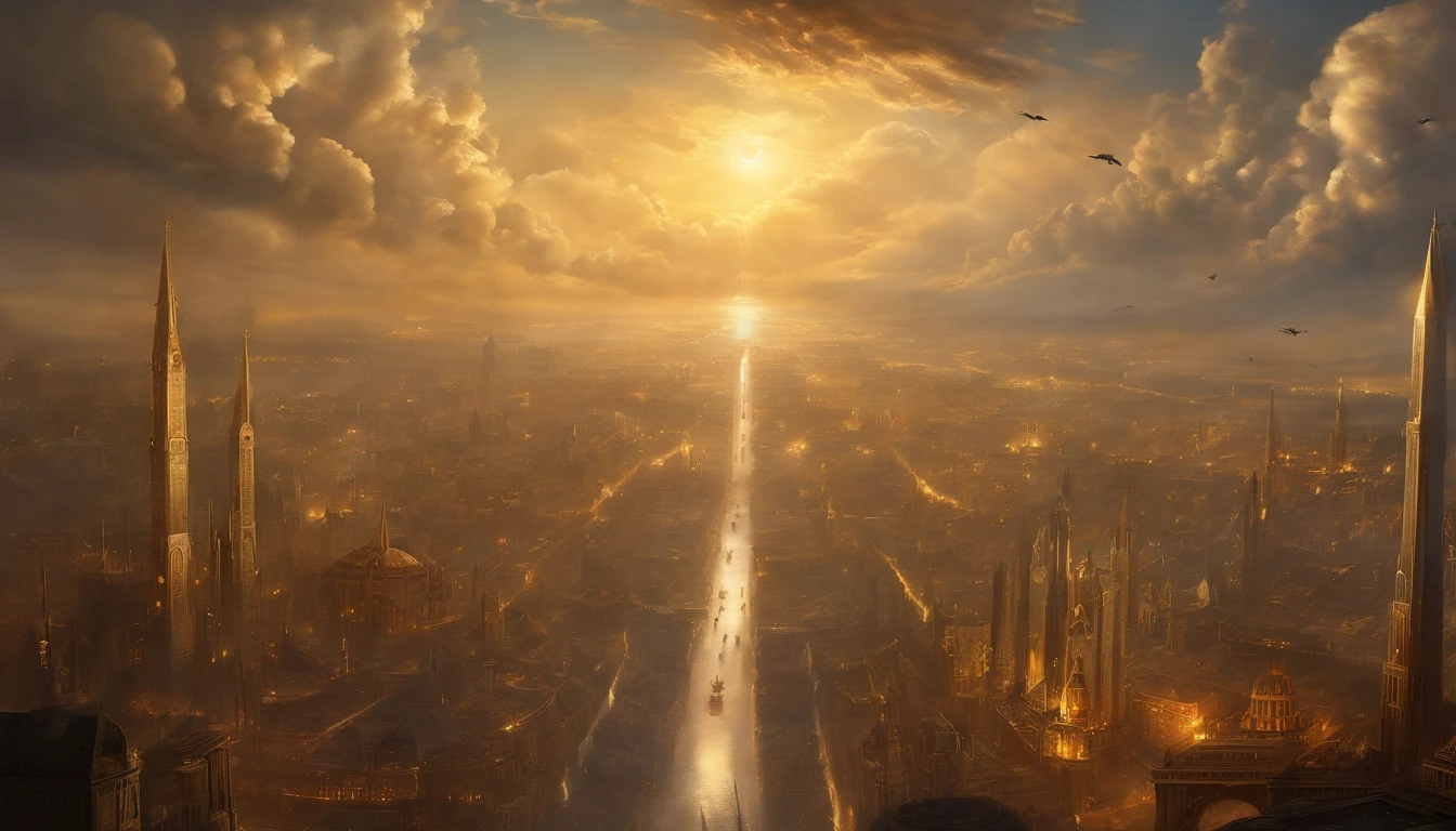 A painting of a city with angels flying around, internal、Empyrean City.Luxury Bank、golden cityscape, , Esoteric equation heaven, heaven on earth, breathtaking芸術, breathtaking,, Apocalyptic City, City in the clouds, Elaborate dark paint