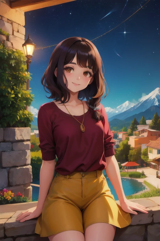 1 chica, frances, cabello corto, pelo marron, ojos marron claro, pecas, sonrisa, camisa , enrollar la manga, mountain, falda, (noche:1.5), mirando al espectador