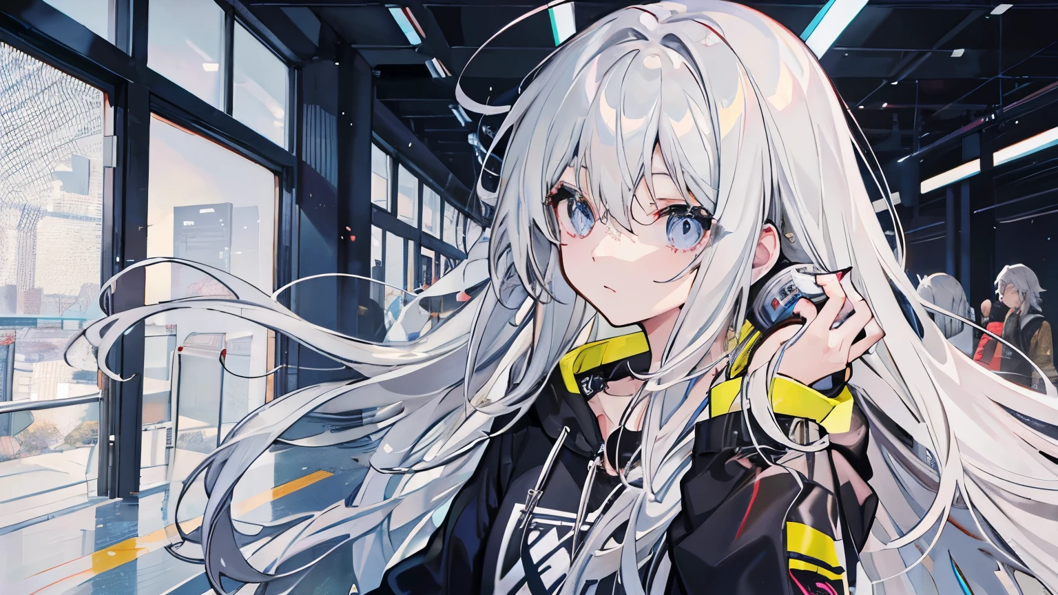 pretty girl, silver hair, long hair, messy hair, shiny hair, Listening to music,  headphone, natural fingers, skateboard