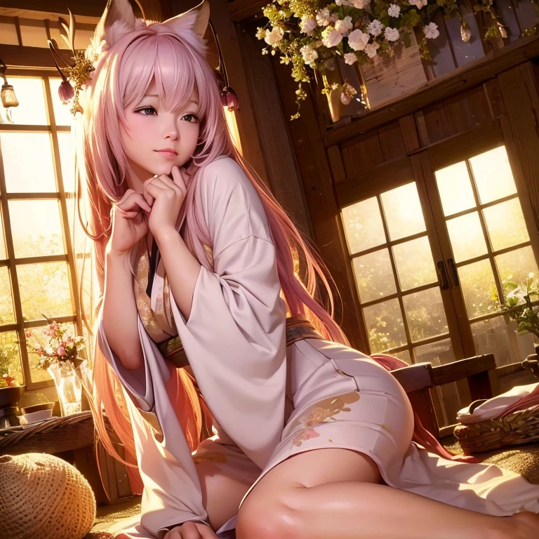 (best quality,4k,8k,highres,masterpiece:1.2),ultra-detailed,(realistic,photorealistic,photo-realistic:1.37),portraits,pastel colors,soft lighting,fantasy atmosphere,girl with fox ears and tail,peaceful garden setting,golden sunset,flowing cherry blossom trees,pagoda in the background,serene expression,traditional Japanese clothing,kawaii style,subtle makeup,divine aura,spiritual charm,gleaming fox mask,captivating gaze,delicate floral patterns,serene peacefulness,pure innocence,ethereal beauty,harmonious blend of nature and culture,gentle breeze rustling through the leaves,whisper of enchantment,symbol of tranquility]