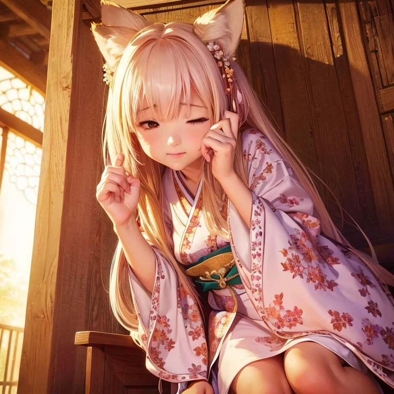 (best quality,4k,8k,highres,masterpiece:1.2),ultra-detailed,(realistic,photorealistic,photo-realistic:1.37),portraits,pastel colors,soft lighting,fantasy atmosphere,girl with fox ears and tail,peaceful garden setting,golden sunset,flowing cherry blossom trees,pagoda in the background,serene expression,traditional Japanese clothing,kawaii style,subtle makeup,divine aura,spiritual charm,gleaming fox mask,captivating gaze,delicate floral patterns,serene peacefulness,pure innocence,ethereal beauty,harmonious blend of nature and culture,gentle breeze rustling through the leaves,whisper of enchantment,symbol of tranquility]