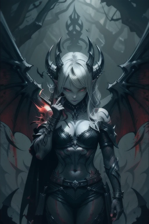 Overgrown hell life, winged devil linkle, Grey skin, black veins, black blood, red markings, devil armor,