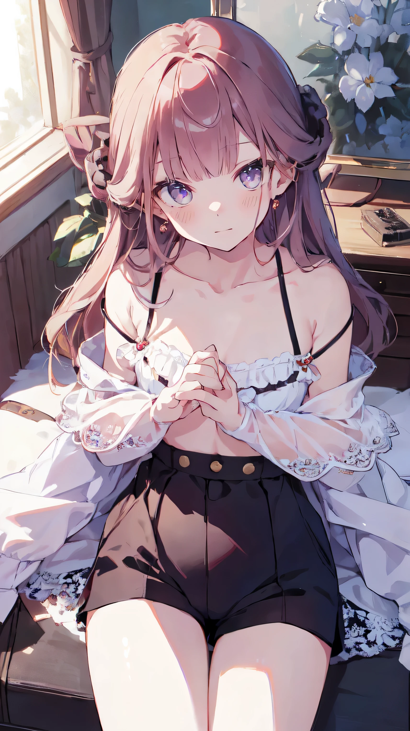 master piece、Highest image quality、highest quality、 ((panic))、glossy hair quality、small face、sitting、Super detailed and beautiful bright eyes、Super detailed clear and beautiful face、(cute illustration:1.2), High-resolution, ultra-detailed, best quality, embarrassed、(Belly shorts gap).(Cute underwear that can be seen at a glance)、off shoulder