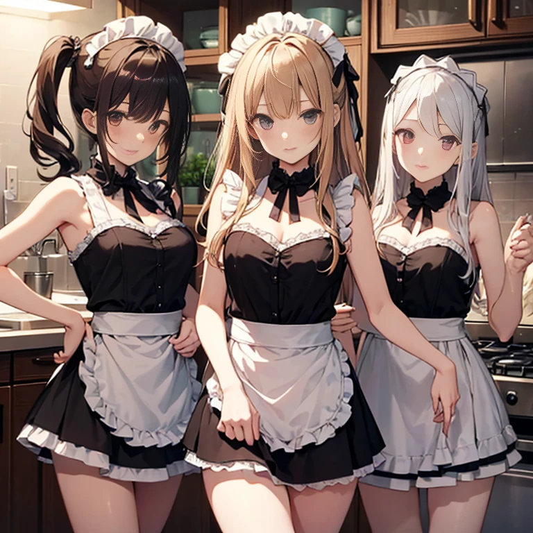 A group of maids, (in kitchen), various hair styles, harem, wearing maid clothes, night, details face, short skirt, seducing, sleeveless, armpits