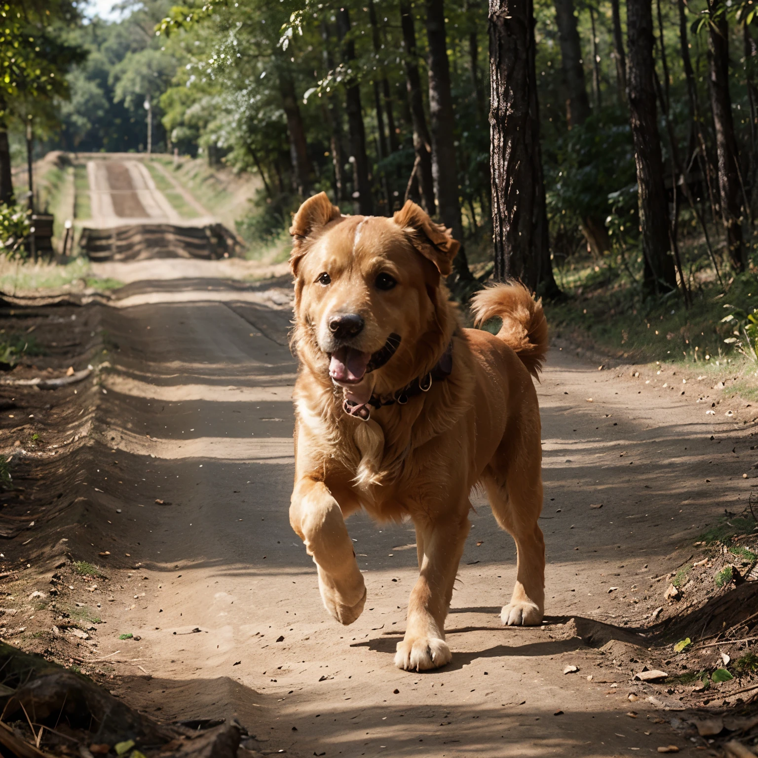 Cachorro feliz, golden retriever, cachorro correndo por bosques, ambiente natural, imagem realista