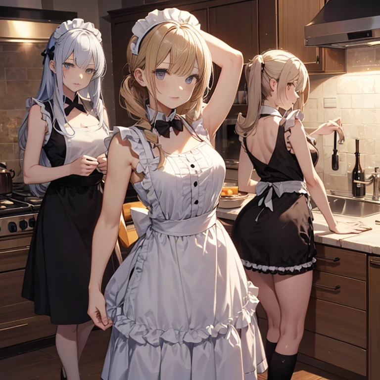 A group of  maids, (in kitchen), various hair styles, harem, wearing maid clothes, night, details face, short skirt, seducing, sleeveless, armpits 
