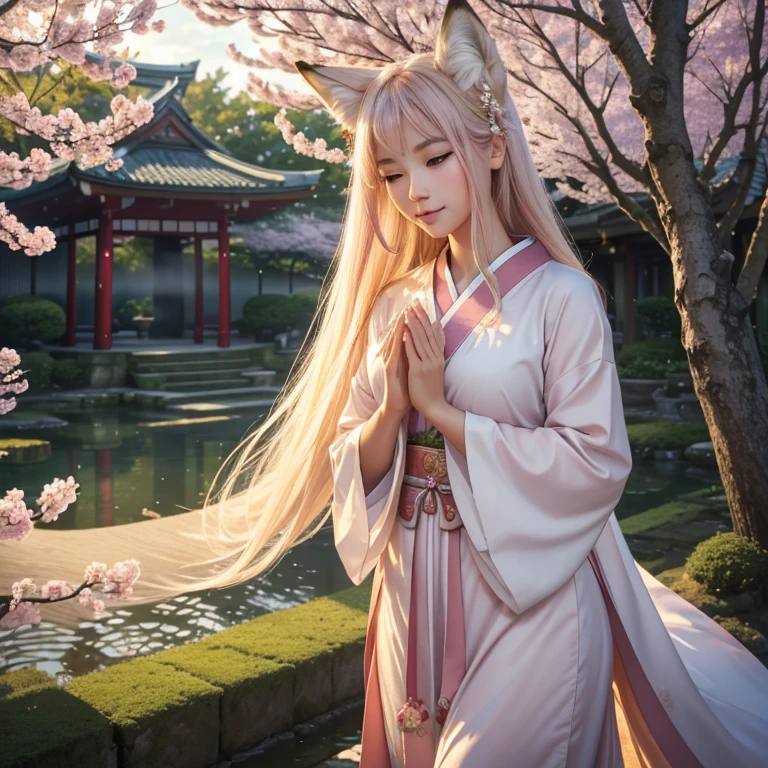 (best quality,4k,8k,highres,masterpiece:1.2),ultra-detailed,(realistic,photorealistic,photo-realistic:1.37),portraits,pastel colors,soft lighting,fantasy atmosphere,girl with fox ears and tail,peaceful garden setting,golden sunset,flowing cherry blossom trees,pagoda in the background,serene expression,traditional Japanese clothing,kawaii style,subtle makeup,divine aura,spiritual charm,gleaming fox mask,captivating gaze,delicate floral patterns,serene peacefulness,pure innocence,ethereal beauty,harmonious blend of nature and culture,gentle breeze rustling through the leaves,whisper of enchantment,symbol of tranquility]