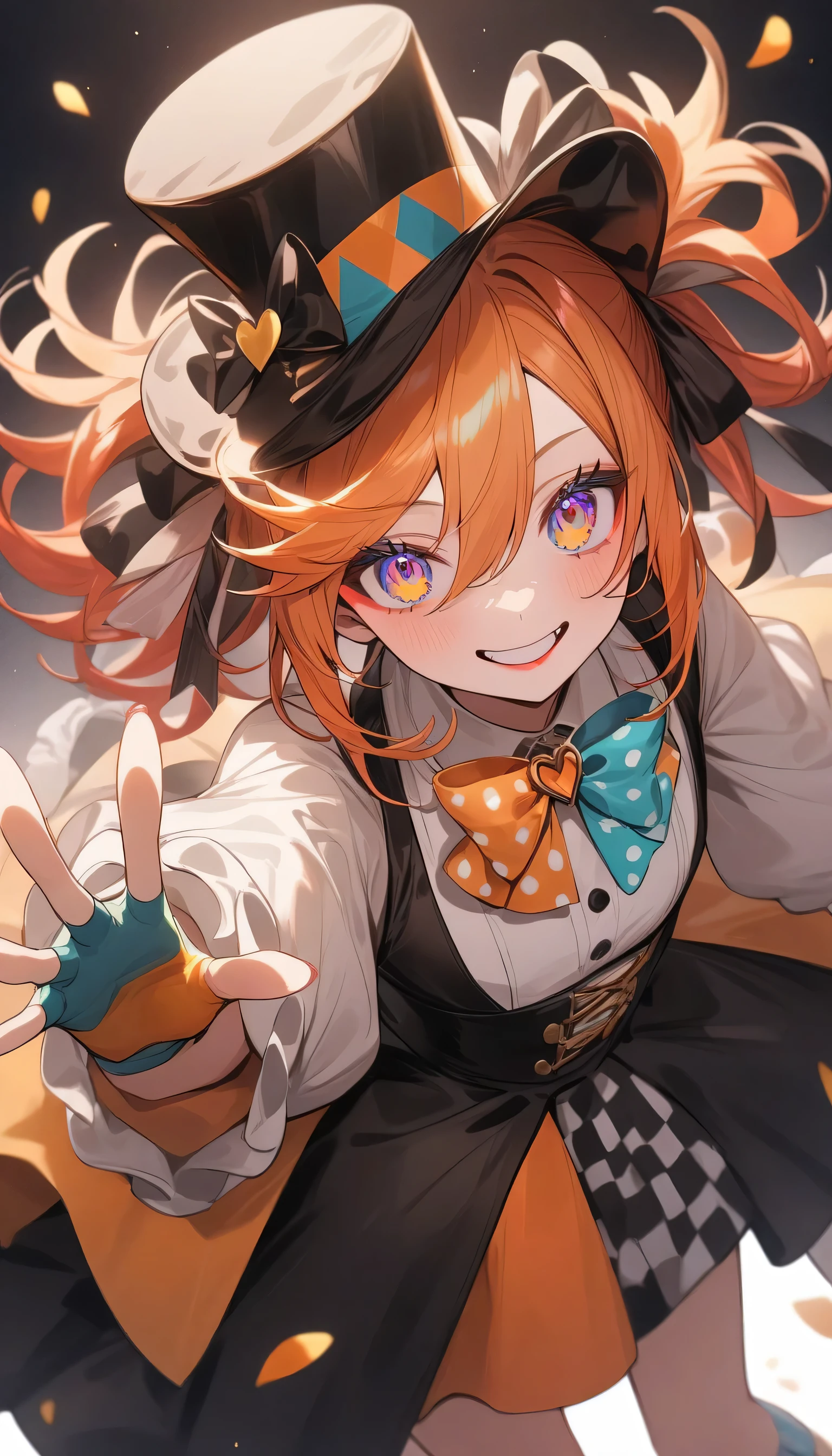 (highest quality、masterpiece、High resolution、detailed)、4K、beautiful anime、(Shining eyes、detailed beautiful face)､no text, 1girl,
BREAK
//Fashions 
Whimsical Tea Party Mad Hatter,
This costume captures the eccentricity and whimsy of the Mad Hatter character with a playful twist, Start with a colorful and mismatched ensemble featuring layers of eclectic fabrics and patterns, Pair a vibrant, oversized jacket or coat with a ruffled blouse and striped or polka-dot trousers for a whimsical look, 
BREAK
Add quirky accessories such as mismatched socks, fingerless gloves, and a patterned bow tie or ascot, Top off the outfit with a whimsical top hat adorned with feathers, ribbons, and playing cards, and don’t forget the signature orange wig or wild hairstyle, Complete the look with colorful makeup, including bold eyeshadow, bright lipstick, and rosy cheeks, embodying the playful spirit of the Mad Hatter’s tea party,
BREAK