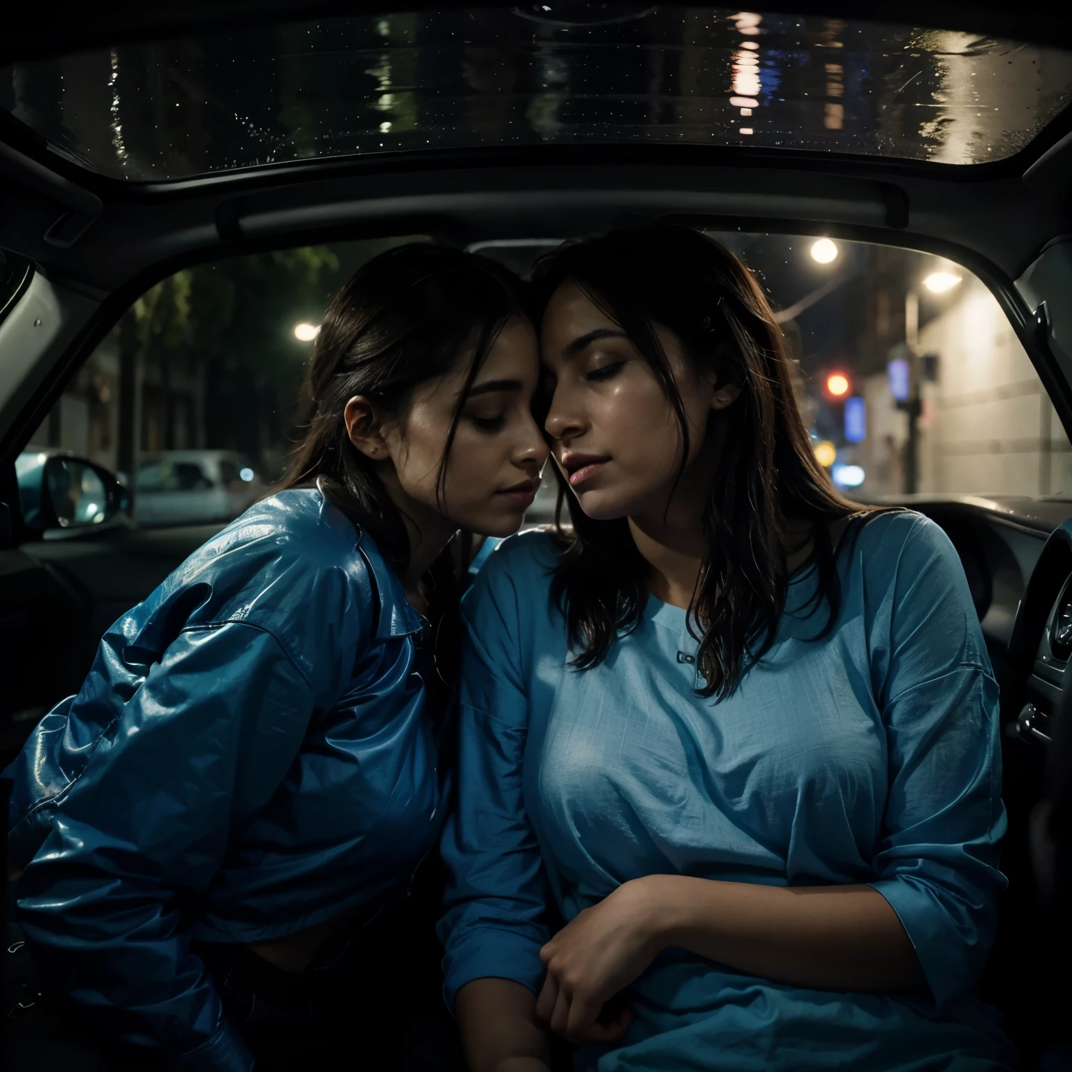 From a photograph, una pareja a punto de besarse en un coche azul durante una noche lluviosa