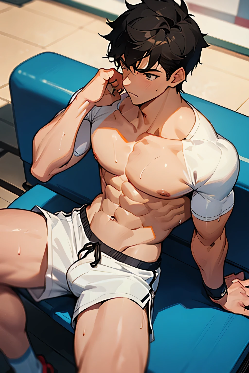 shirtless, super muscular, sweat-drenched body, 22-year old short black hair handsome caucasian male wearing white gym shorts, resting on the bench, dripping with sweat, sweating in the gym