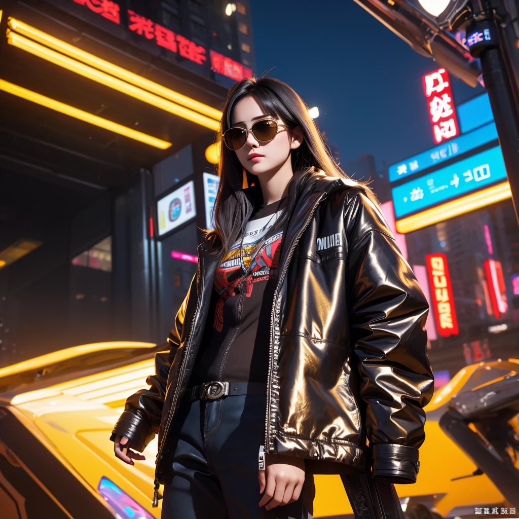 (masterpiece, best quality:1.2), 1girl, ((masterpiece, highest quality, Highest image quality, High resolution, photorealistic, Raw photo, 8K)), Retro Game, Nintendo, SEGA, Namco, Cyberpunk 1:25 miniatures，illustration，Side viewing angle，（（Side viewing angle）），Wear gold wire-rimmed reflective sunglasses，Carry future weapons，very happy，Side viewing angle，whole body，three-dimensional，octane rendering，Perfect face，Collagen texture