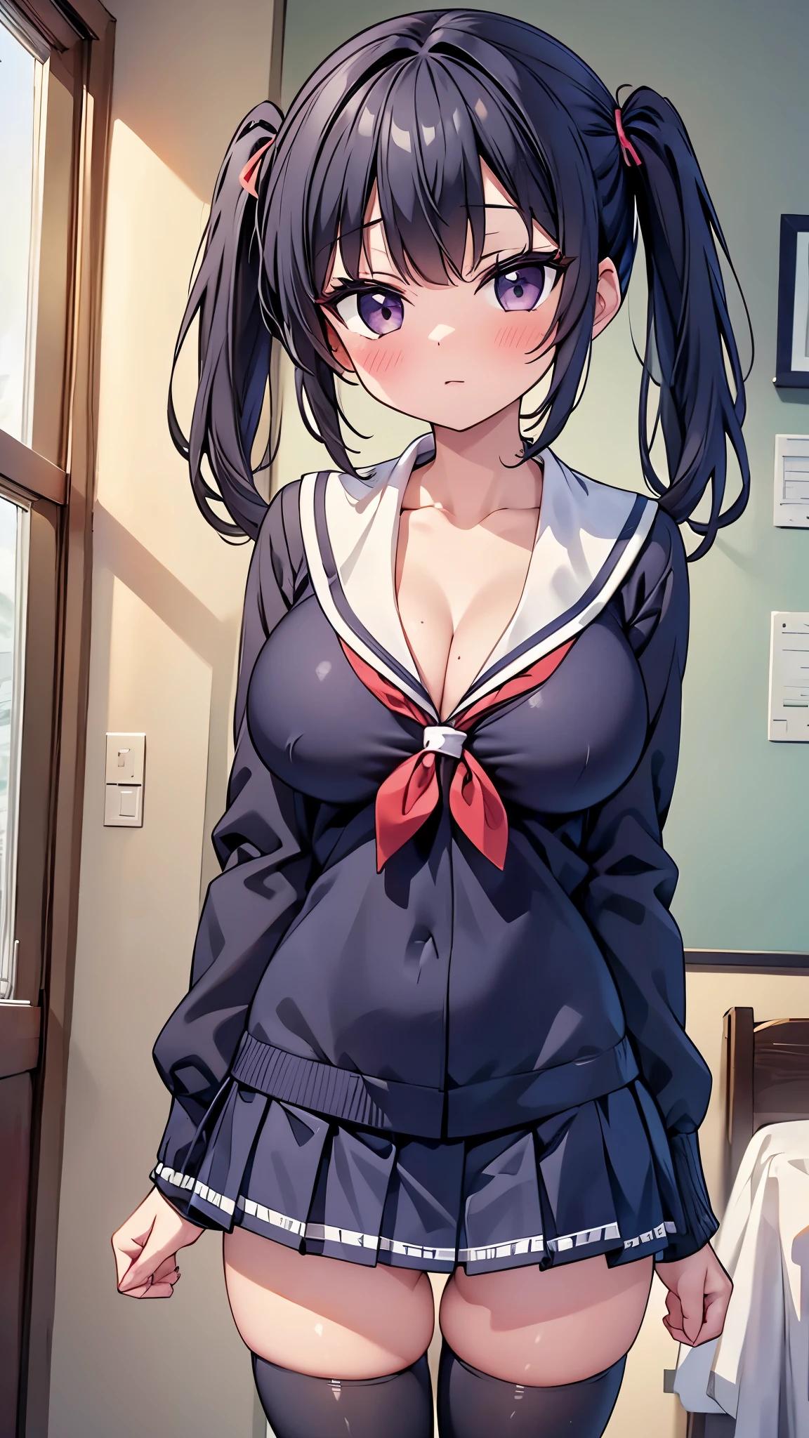 highest quality,wonderful,finely,extremely detailed CG Unity 8K wallpaper, (sex from behind:1.2), (1 girl, black hair,twin tails, clothed),(huge breasts:1.1),(Sailor swimsuit:1.1), (zettai ryouiki:1.4)