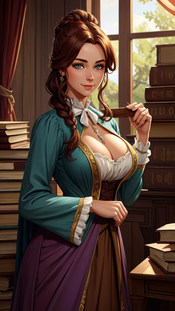 Beautiful Woman, Old West School Teacher, Full Lips, Auburn Hair Intricately But Loosely Braided. Deep_cleavage, Massive Chest. Detailed Beautiful Eyes, Pencil-Thin Waist, Wide Hips. Historically Accurate 1870s Old-West Frontier Dress. With Books. Gorgeous Smile, HourGlass Figure, Official Art, Award Winning Digital Painting, Digital Illustration, Extreme Detail, 4k, Ultra Hd, Rococo, Polished, Intricate, Realistic Fantasy Art, Sharp Focus, Concept Art, Art By Wlop, Artgerm, (2d Vector Illustration) Laura Vandervoort
