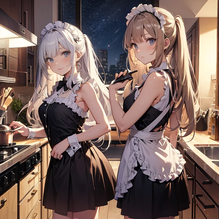 A group of maids, (in kitchen), various hair styles, harem, wearing maid clothes, night, details face, short skirt, seducing, sleeveless, armpits