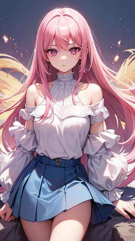 最high quality,very detailed,high quality,Extremely detailed,masterpiece,Super fine,ultra high resolution,超high quality,super delicate face,super realistic,(1 person:1.2)、woman、(Mature:1.5)、pink hair color、(pink eyes)、small breasts 、slender body、The white off-shoulder shirt goes perfectly with the light blue slit skirt, fresh and impressive