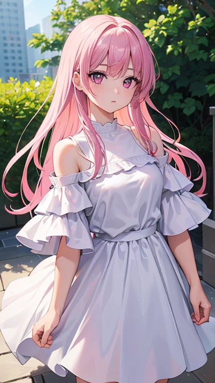 最high quality,very detailed,high quality,Extremely detailed,masterpiece,Super fine,ultra high resolution,超high quality,super delicate face,super realistic,(1 person:1.2)、woman、(Mature:1.5)、pink hair color、(pink eyes)、small breasts 、slender body、The white off-shoulder shirt goes perfectly with the light blue slit skirt, fresh and impressive