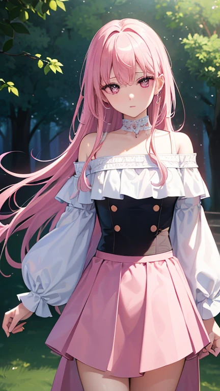 最high quality,very detailed,high quality,Extremely detailed,masterpiece,Super fine,ultra high resolution,超high quality,super delicate face,super realistic,(1 person:1.2)、woman、(Mature:1.5)、pink hair color、(pink eyes)、small breasts 、slender body、The white off-shoulder shirt goes perfectly with the light blue slit skirt, fresh and impressive