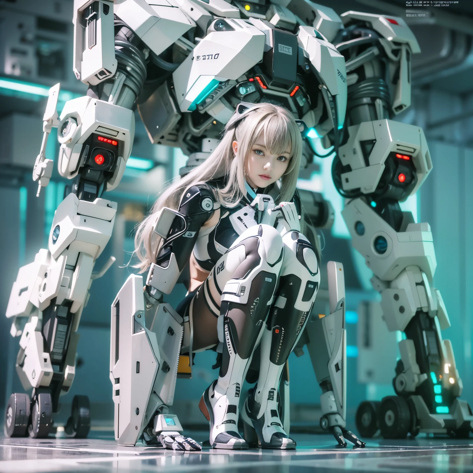 masterpiece, best quality(:1.2), extremely ultra detailed, Japanese android girl,Plump,control panels,Squat,Mechanical Hand,Robot arms and legs, black sponge joints,blunt bangs,white robot body,ceramic body,white long boots,perfect cyborg girl,charging spot,She is charging now,blue eyes, extremely ultra real texture, human-like skin, realistic hair, realistic metal texture, professional lighting, (RAWphoto), photorealistic