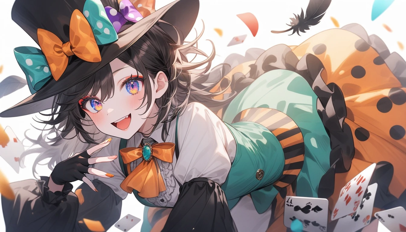 (highest quality、masterpiece、High resolution、detailed)、4K、beautiful anime、(Shining eyes、detailed美しい顔)、no text, 1girl,
BREAK
//Fashions
Whimsical Tea Party Mad Hatter,
This costume captures the eccentricity and whimsy of the Mad Hatter character with a playful twist, Start with a colorful and mismatched ensemble featuring layers of eclectic fabrics and patterns, Pair a vibrant, oversized jacket or coat with a ruffled blouse and striped or polka-dot trousers for a whimsical look,
BREAK
Add quirky accessories such as mismatched socks, fingerless gloves, and a patterned bow tie or ascot, Top off the outfit with a whimsical top hat adorned with feathers, ribbons, and playing cards, and don’t forget the signature orange wig or wild hairstyle, Complete the look with colorful makeup, including bold eyeshadow, bright lipstick, and rosy cheeks, embodying the playful spirit of the Mad Hatter’s tea party,
BREAK