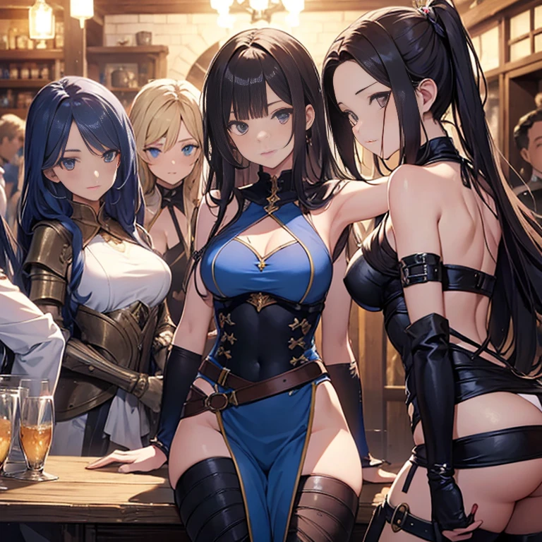 A group of  female medieval fantasy adventurers, (in tavern), various hair styles, harem, night, details face, seducing, sleeveless, armor, armpits, 