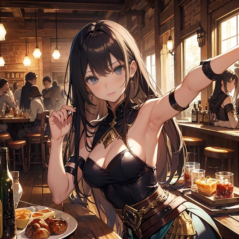 A group of female medieval fantasy adventurers, (in tavern), various hair styles, harem, night, details face, seducing, sleeveless, armor, armpits,