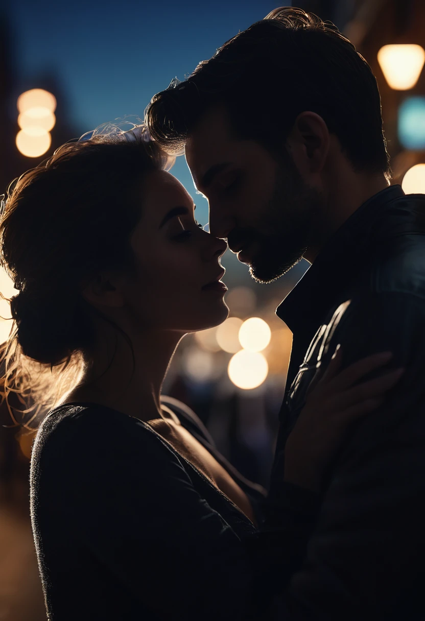 hyper realistic close-up image, dark silhouette of a couple affectionately hugged at night, bokeh light effects, lens flare effects, on a great city, 8k resolution, dramatic lighting, depht blur , greg rutkowsky style, raw photo