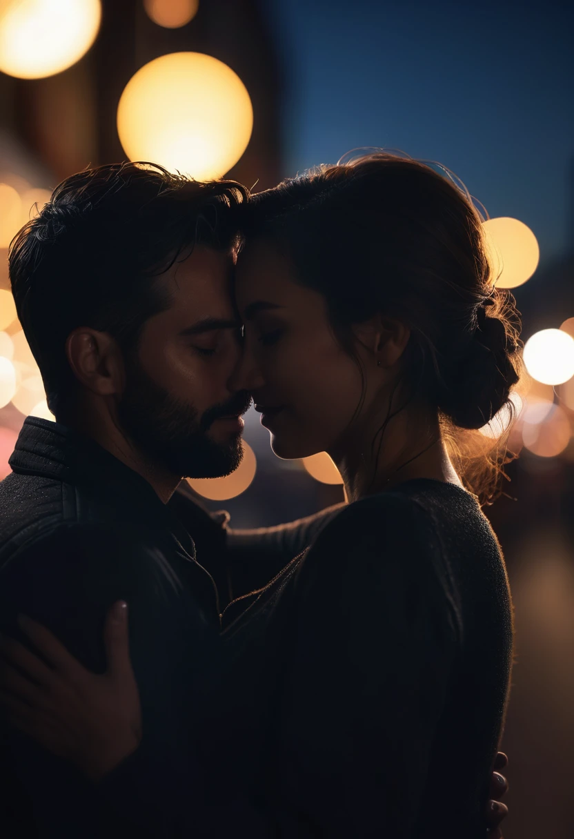 hyper realistic close-up image, dark silhouette of a couple affectionately hugged at night, bokeh light effects, lens flare effects, on a great city, 8k resolution, dramatic lighting, depht blur , greg rutkowsky style, raw photo