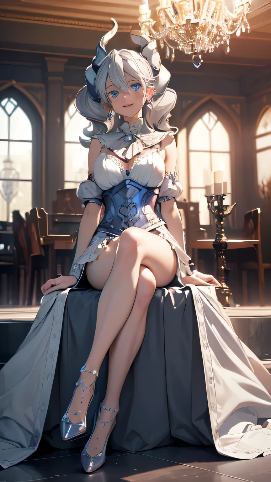 ((masterpiece)),(best quality), ((extremely detailed CG unity 4k wallpaper)),(cinematic lighting), (an extremely delicate and beautiful girl:1.3),(++silver hair++),blue eyes, long hair, jewelry,earrings, :d, maid, labrynth,
dance floor,(Crystal chandelier), horn ,indoor , sitting , crossed leg in detailed, all body , foot exposed 