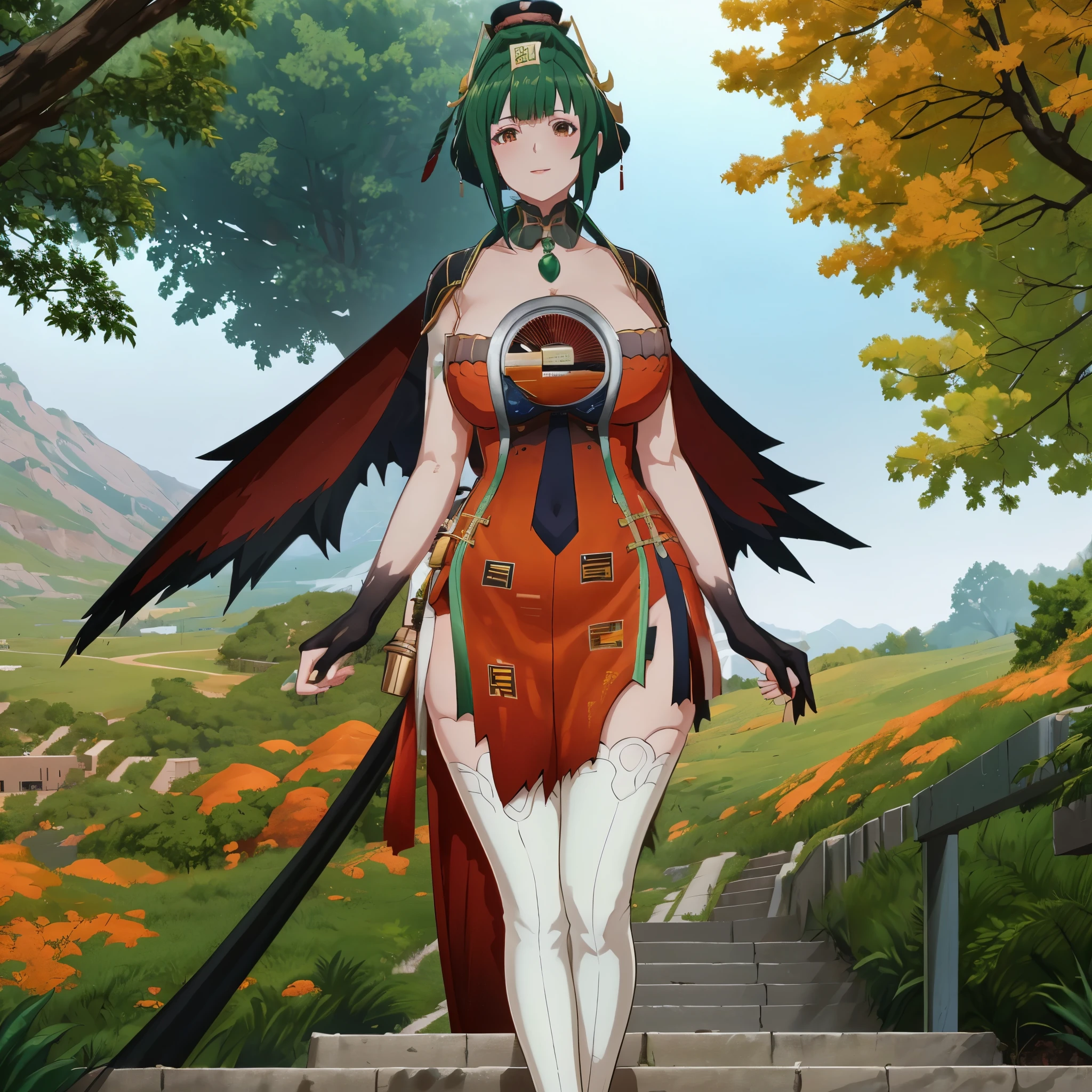 A woman wearing a red dress with green details, green hair, orange eyes, walking on a staircase from a high point of a large Chinese rocky mountain, some trees with orange autumn leaves, leaves falling mist in place, smiling,HDR, ultra resolution, well defined, masterpiece, 8K HD. (solo woman)
