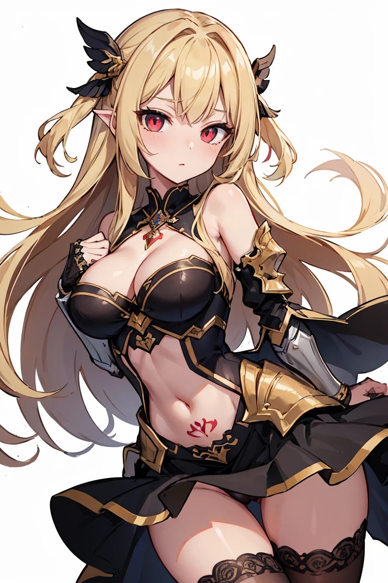 1girl, anime, cute girl, blank background, white background, fantasy, detailed fantasy dress with highlights, beautiful face, beautiful eyes, dark colors, black hair with multicolor streaks, red eye with different color pupil in eye, multicolor eye, medium small breasts (slightly big), slight cleavage, beautiful skin, cute, breast curtains, extremely delicate and beautiful, (beautiful detailed face:1.0), (detailed deep eyes), symmetrical breasts, deep eyes, shiny skin, portrait, slender waist, hips wider than shoulders, thighs, expressionless, young girl, luminous eyes, adorable,(Kpop idol),(aegyo sal:1),(Platinum blonde hair:1),((puffy eye)),Black panty,sexy posture,Superskirt, ultra high resolution,Black collar,slim figure, Abdominal y tattoo, womb tattoo,Tight-fitting leg ring,y tattoo on half-body,Bare skin, Armored hand,Hidden fingertips,Hand covered,Arm covered,Fist covered,{{beautiful detailed fingers}}, tufts of hair, moderate beautiful breast:1.0,(masterpiece:1.2), best quality, high-res, HDR, perfect face, intricate armor, delicate blue filigree, intricate filigree, red metalic parts, detailed part, dynamic pose, dynamic lights, cute face