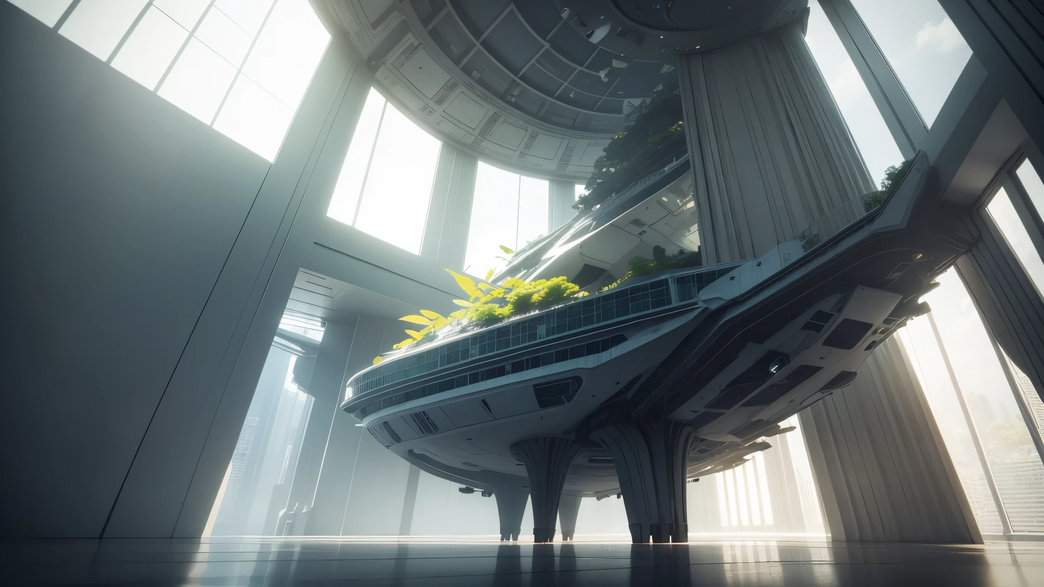 Leaves is a huge spaceship floating in the sky,Leaves is a large viewing platform,Leaves'um enorme motor na traseira, interior futurista, sci-fi interior, arquitetura futurista detalhada, beautiful 3d rendering, origami studio project 3, renderizado no lumion pro, stunning 3D rendering