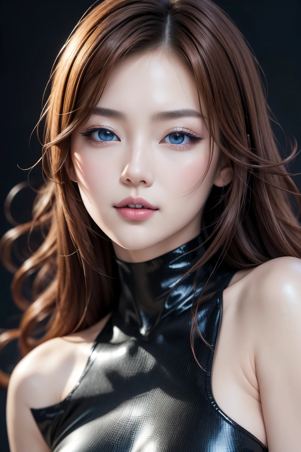 best quality, super fine, 16k, RAW photo, photorealistic, incredibly absurdres, extremely detailed, delicate, flashy and dynamic depiction, beautiful woman like Reiji Matsumoto draws, intelligent cool beauty, excited look, glossy light brown hair, beautiful bright sharp eyes, glossy red lips, wearing black elegant fur dress, superlative body proportion, background simple portrait