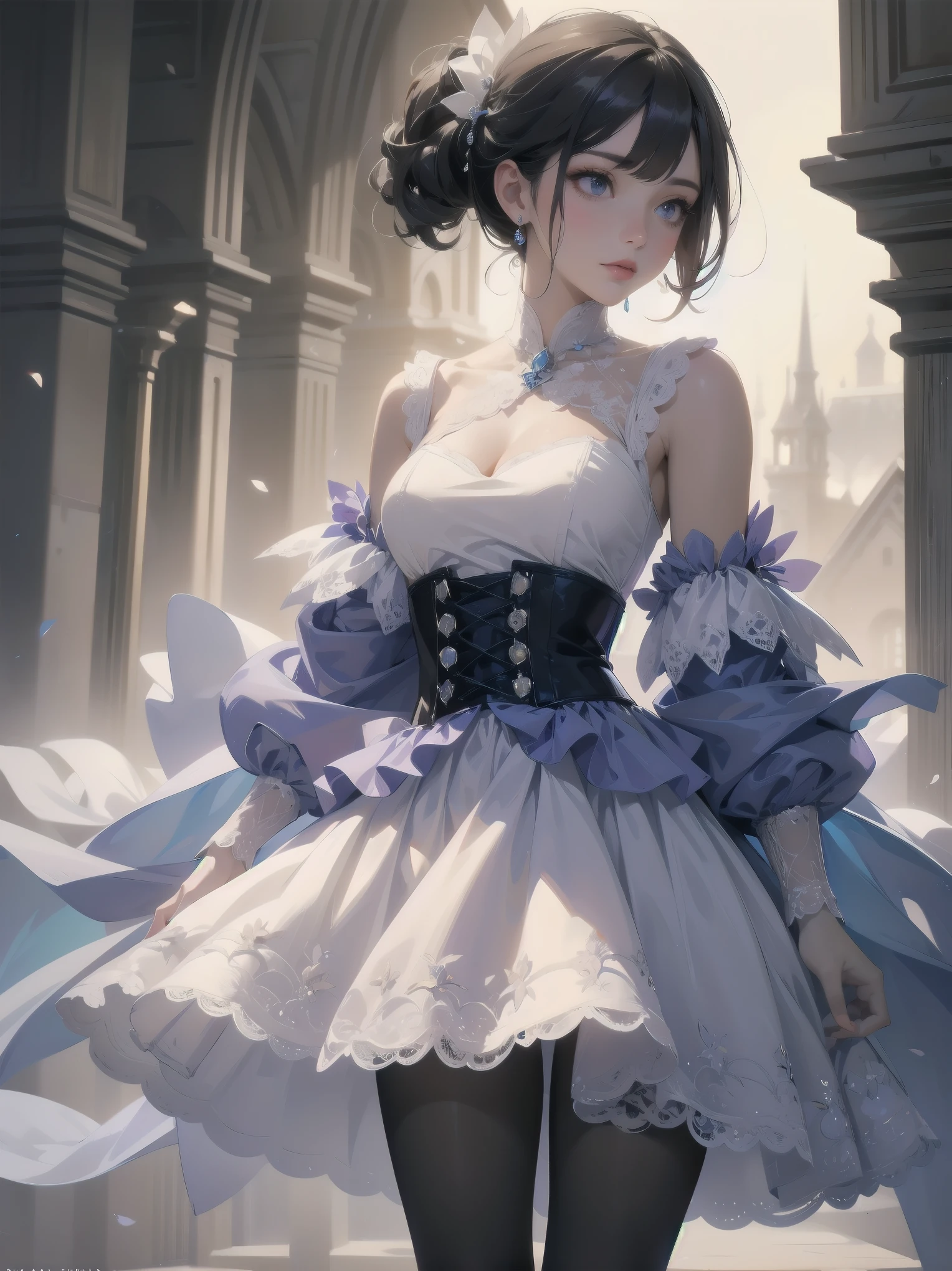  bride: wedding ring shining on ring finger Fusion of medieval European fashion Emphasis on elements of cuteness and adoration Posed illustration of the overwhelming cuteness of the character in the foreground Overwhelming architectural and cityscape background Ultra-detailed, rich, contemporary interpretation of medieval Europe and fantasy world Realistic textures, Professional artistic shading and light sources, scene-like cinematography and effects, depth of subject One beautiful girl, super cute, bob cut, side ponytail, perfect anatomy 
Colours: pastel, white, pale purple, blue, gingham check 
Materials: chiffon, lace, satin, velvet, etc. Silhouette: fluffy skirt, A-line, long length 
Decoration: frills, ribbons, lace, pearls, embroidery etc. Coordinates Romantic princess: pastel dress, lace blouse, fluffy skirt, ribbon hair accessory, black tights Add accessories and accessories to personalise.